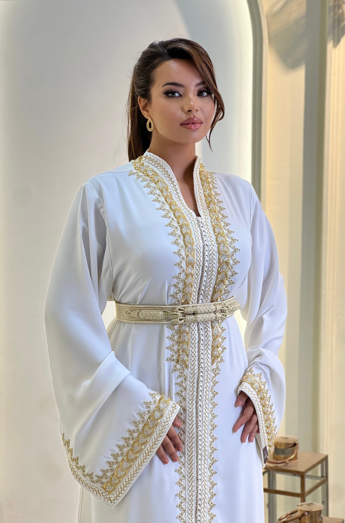 Celestia white Moroccan kaftan with matching belt
