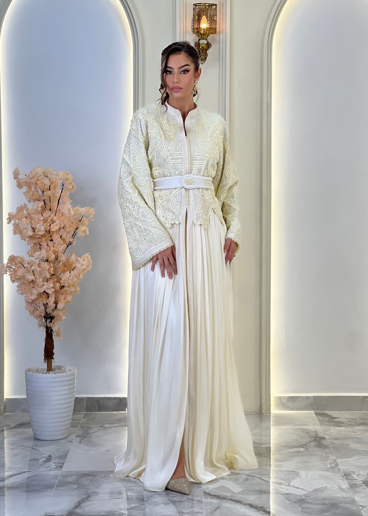 Inna Cream, lebsa marroquí de organza – vista 8 | Kaftan Elegance