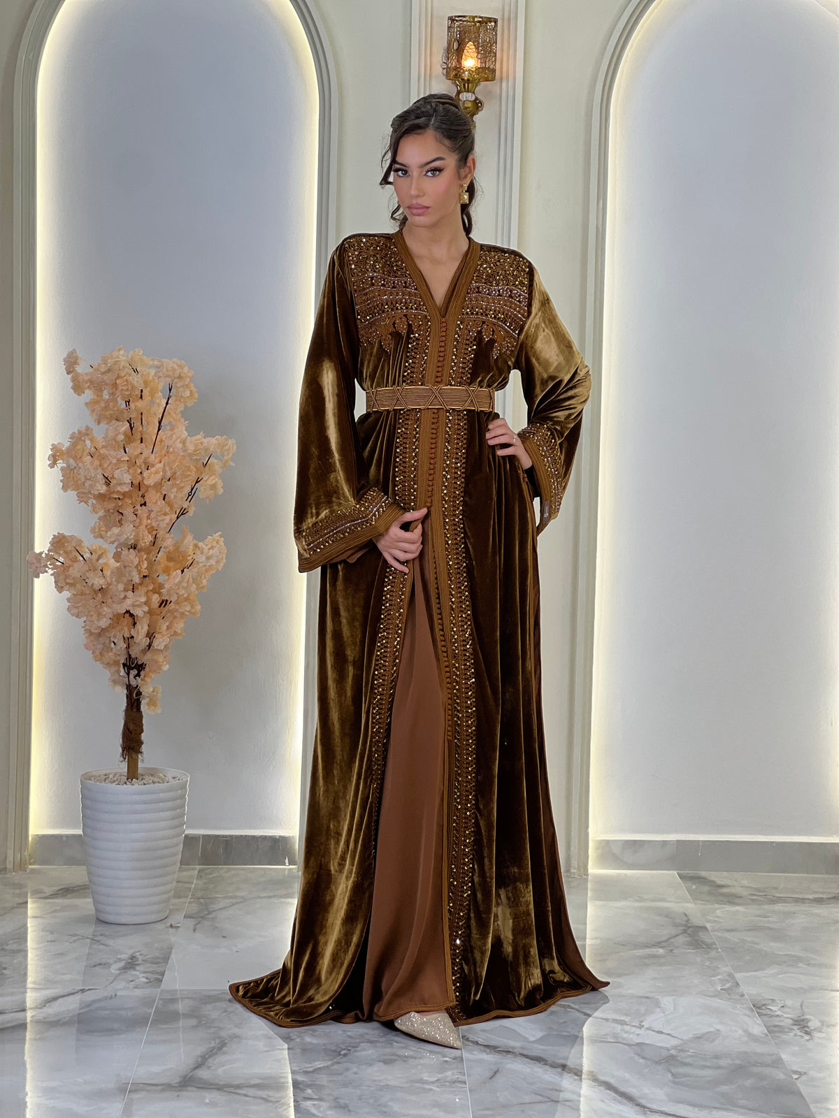 Orlissa Brown, brown Moroccan lebsa in velvet – view 4 | Kaftan Elegance