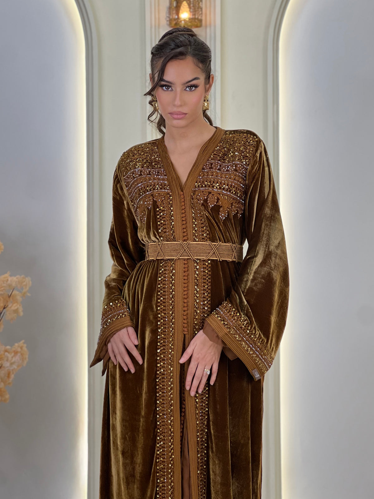 Orlissa Brown, brown Moroccan lebsa in velvet – view 6 | Kaftan Elegance