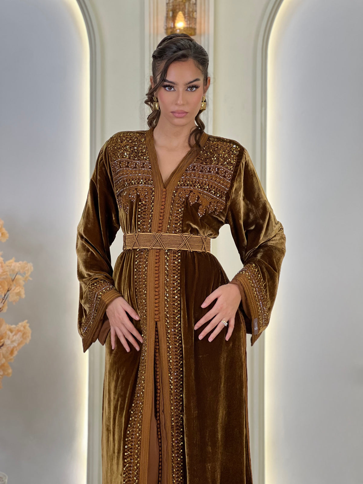 Orlissa Brown, brown Moroccan lebsa in velvet – view 8 | Kaftan Elegance