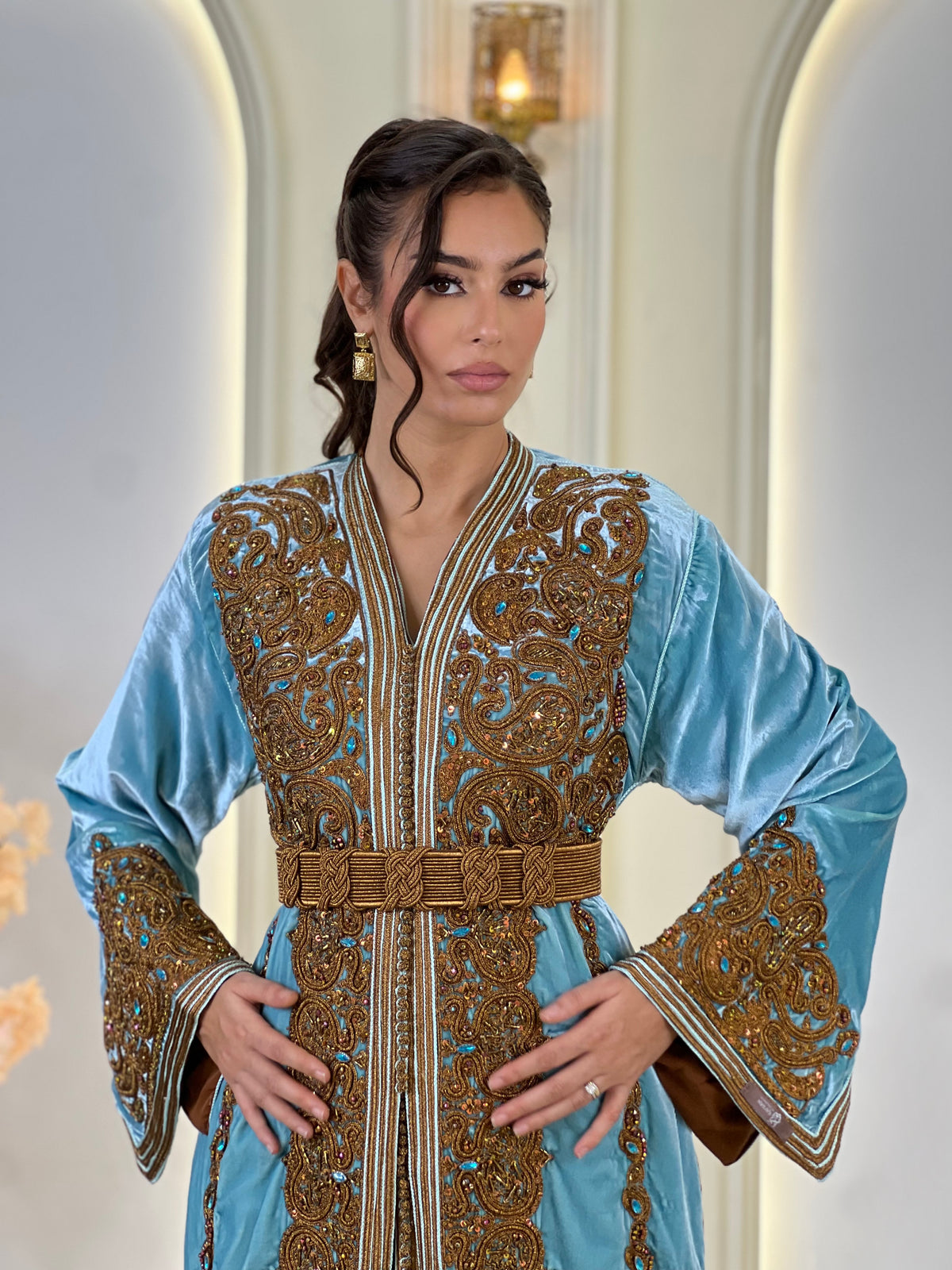 Perline Dusty Blue, lebsa marroquí azul de terciopelo | Kaftan Elegance