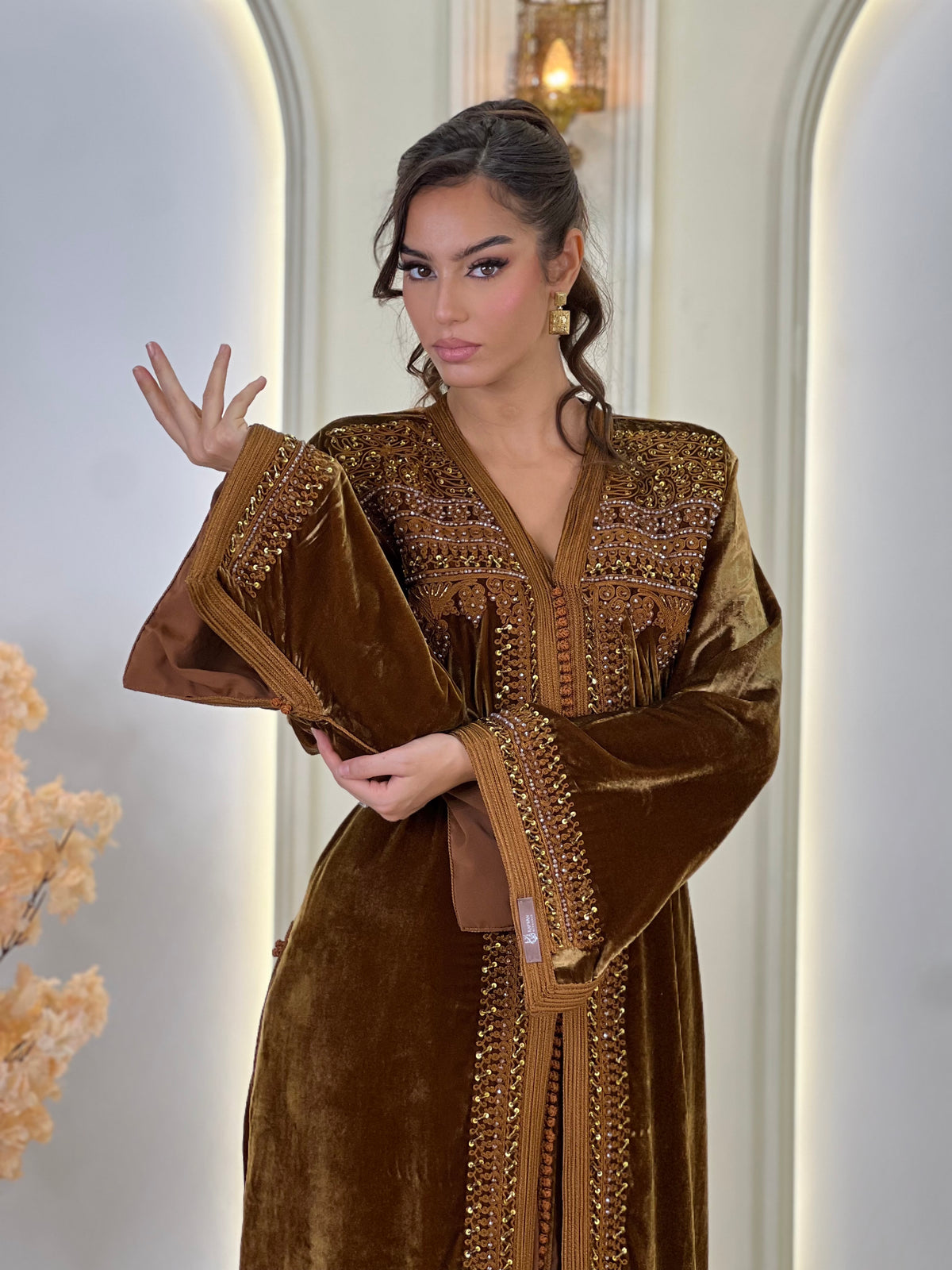 Orlissa Brown, brown Moroccan lebsa in velvet – view 10 | Kaftan Elegance