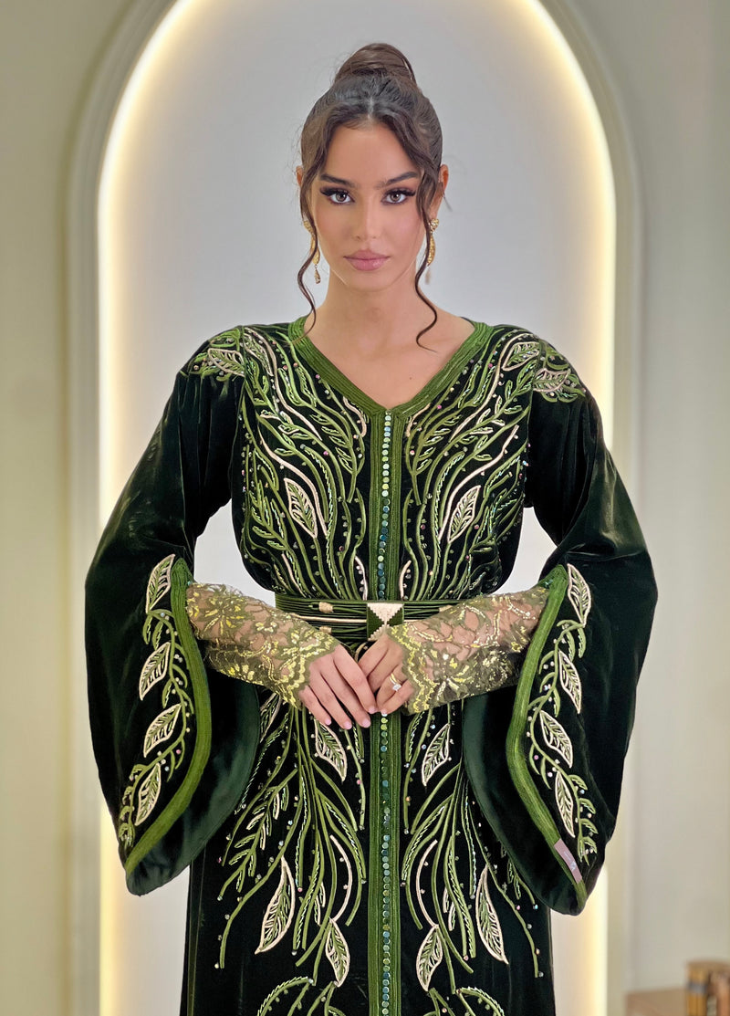 Laure Emerald Green, caftán marroquí verde de brocado | Kaftan Elegance