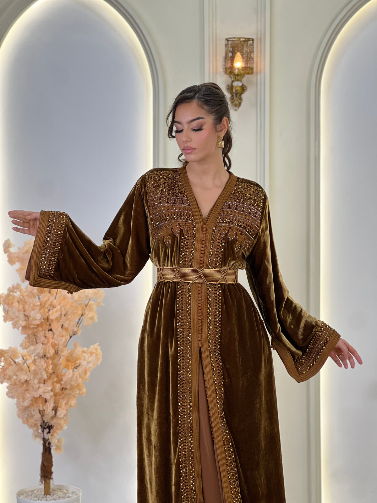 Orlissa Brown, brown Moroccan lebsa in velvet – view 3 | Kaftan Elegance
