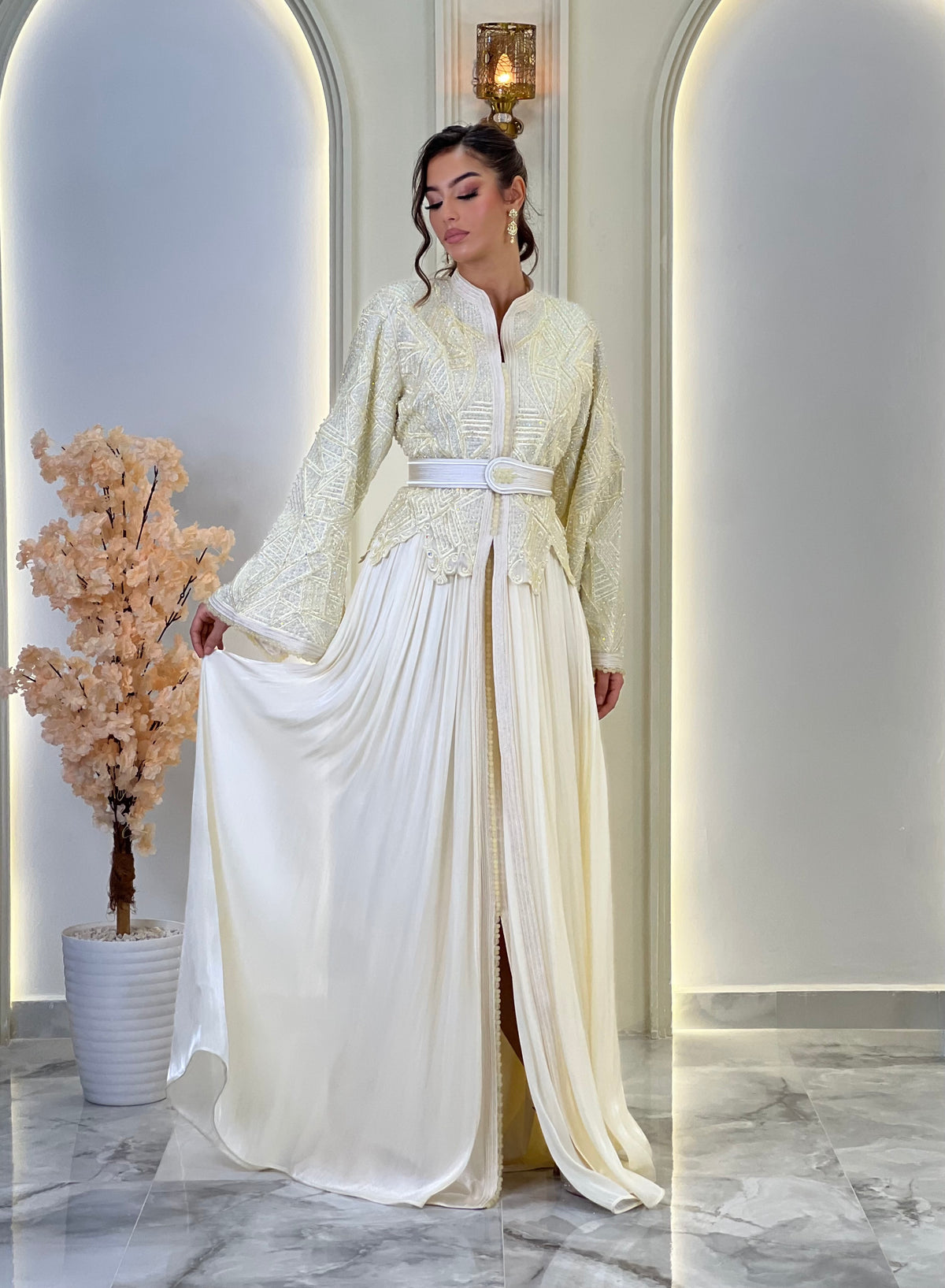 Inna Cream, lebsa marroquí de organza – vista 4 | Kaftan Elegance